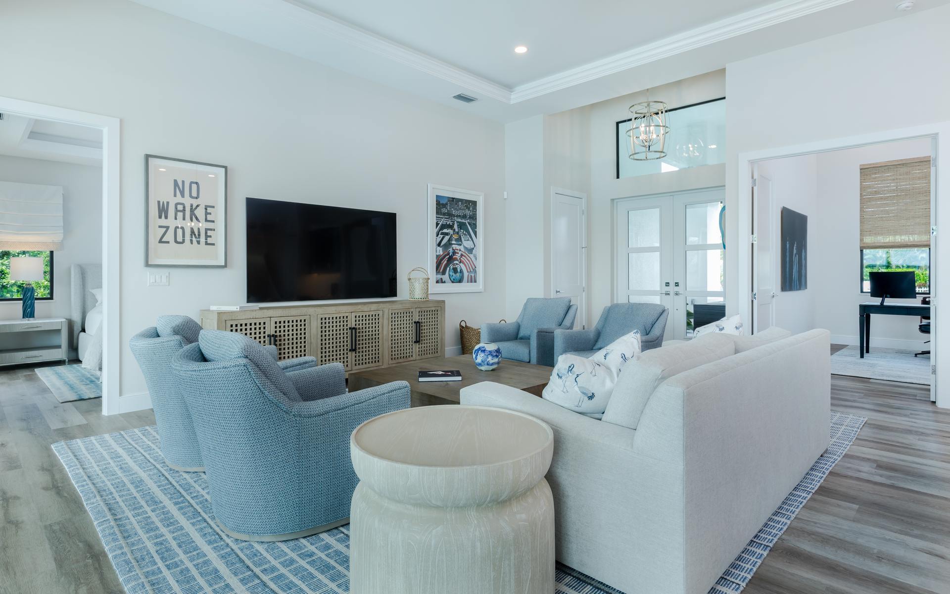 Luxury waterfront home interior with designer wallpaper